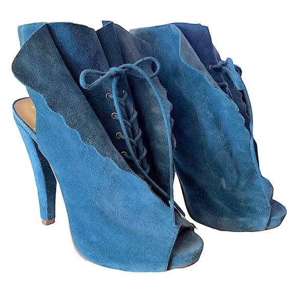 Enzo Angiolini Blue Suede Amarelle Peep Toe Lace Up Platform Heels Size 7 - Picture 8 of 13
